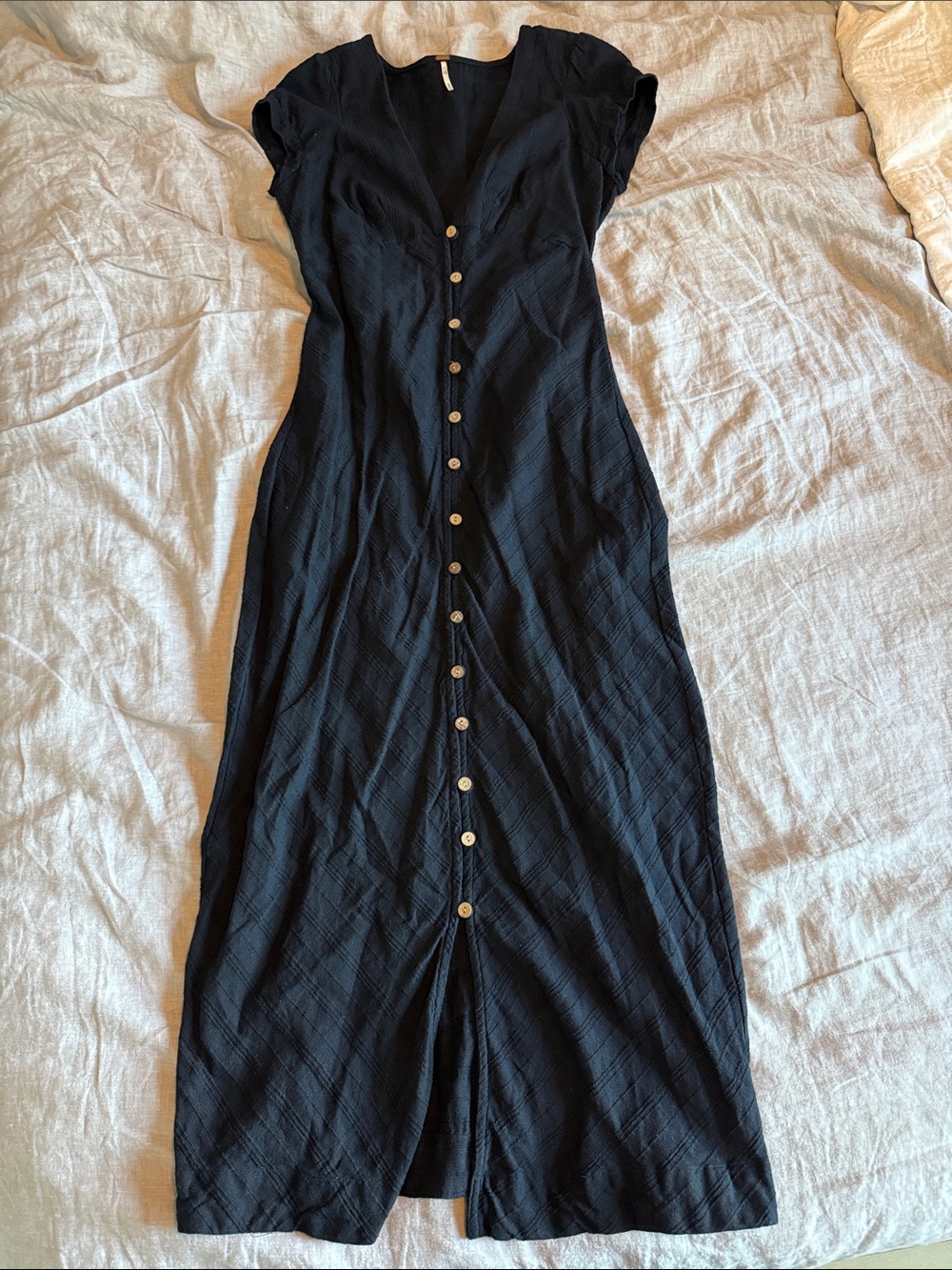 Free People Black Button-Front Maxi Dress with Cap Sleeves